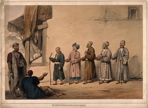 view A 'kuttar' or line of blind beggars in a row, two other men in discussion, Kabul, Afghanistan. Coloured lithograph after L.W. Hart, 1843.