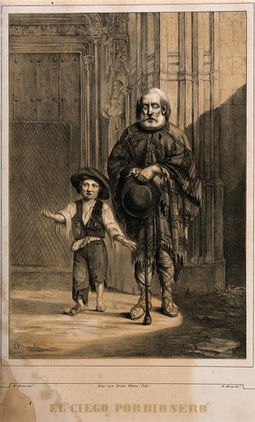 A blind beggar stands with a boy beside a church, Cadiz, Spain. Coloured lithograph by A. Arrom after himself.