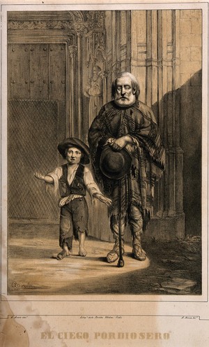 view A blind beggar stands with a boy beside a church, Cadiz, Spain. Coloured lithograph by A. Arrom after himself.