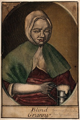 "Blind Granny" holding a tankard of beer. Coloured engraving.