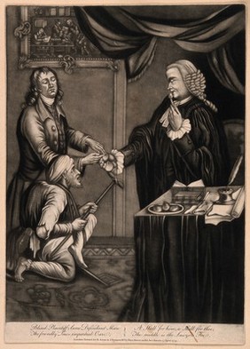 A lame man and a blind man go to court; the lawyer eats oysters and gives them the empty shells. Mezzotint, 1779.