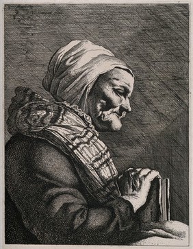 An aged blind and toothless woman holding a vellum-bound book. Etching by W.Y. Ottley, 1828, after Jan Matham after Jacob van Campen.