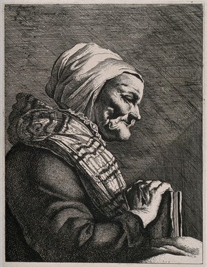 view An aged blind and toothless woman holding a vellum-bound book. Etching by W.Y. Ottley, 1828, after Jan Matham after Jacob van Campen.