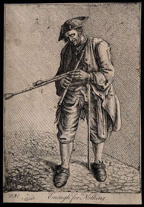 A blind musician holding a uilleann pipe or pastoral bagpipe. Etching attributed to G. Grattan.