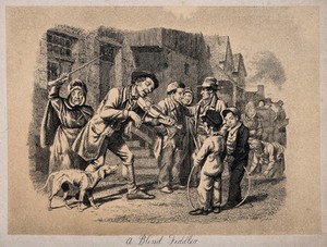 view A blind fiddler plays to a mixed age audience, among them a dog which is about to be beaten for howling. Etching by W. Geikie.