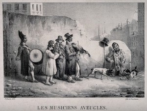 view A troupe of blind musicians and their dogs confronting a rival street musician and his dog. Lithograph by Engelmann after S. Baptiste, 1828.