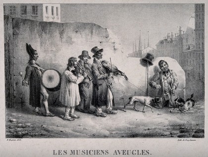 A troupe of blind musicians and their dogs confronting a rival street musician and his dog. Lithograph by Engelmann after S. Baptiste, 1828.