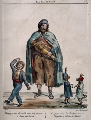view A blind hurdy gurdy player and his son and two dancing dogs. Coloured lithograph by White after E.J. Pigal.