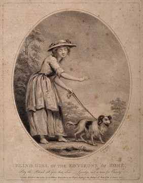 A shoeless blind girl is led by a dog on a path. Stipple engraving by T. Gaugain, 1785, after J. Northcote.