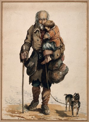 view An old blind man holding a child walks guided by his stick and dog. Coloured watercolour drawing by R.R.S.