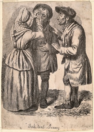 A woman removing something from a man's eye while another man looks on. Etching by W. Geikie.