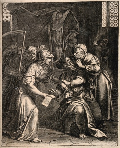 A surgeon operates on the eye of an immoral old man, while the efforts of Time and Minerva to cure his inner corruption are rebuffed. Line engraving after O. van Veen, 16--.