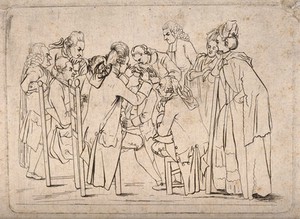 view People gather around a surgeon (Baron de Wenzel) performing an eye operation. Etching by D. Chodowiecki.