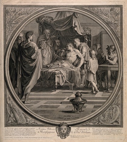 Alexander the Great demonstrates his trust in his physician Philip by drinking a medicinal draught prepared by him even after receiving a letter alleging that Philip is trying to poison him. Line engraving by B. Audran, the elder, after E. Le Sueur.