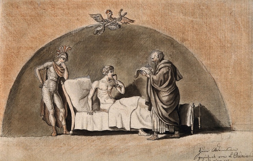 Alexander the Great, demonstrating his trust in Philip, his physician, by drinking a medicinal draught prepared by him after receiving a letter from General Parmenio suggesting that Philip is poisoning him. Coloured pencil drawing by L. Chodowiecka.