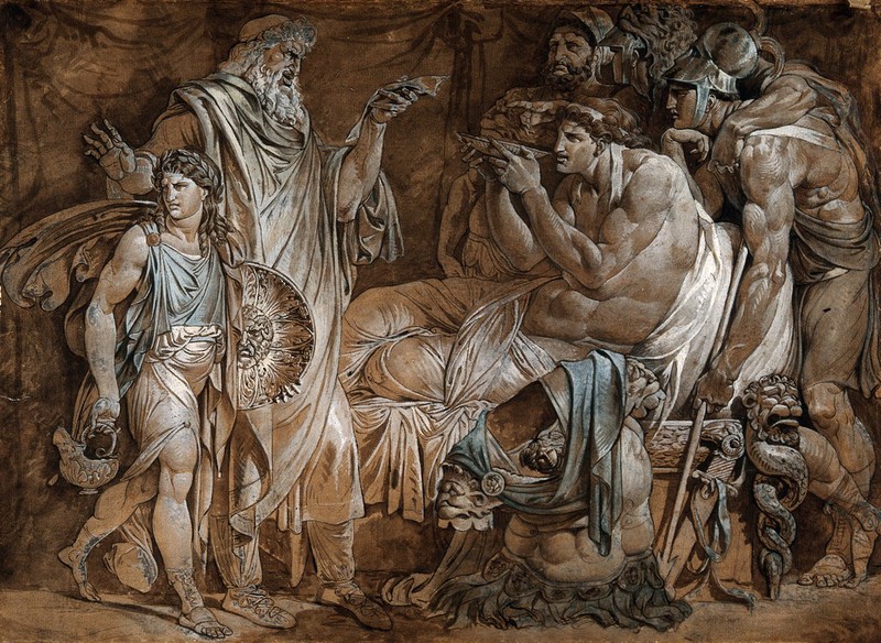 Alexander the Great demonstrating his trust in Philip, his physician, by drinking a medicinal draught prepared by him after receiving a letter from General Parmenio suggesting that Philip is poisoning him. Pen drawing attributed to an artist in the circle of G. Cades., by Giuseppe Cades