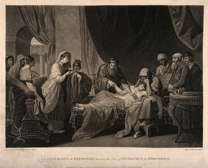 Erasistratus, a physician, realising that Antiochus's (son of Seleucus I) illness is lovesickness for his stepmother Stratonice, by observing that Antiochus's pulse rose whenever he sees her. Stipple engraving by G. Graham, 1793, after B. West.