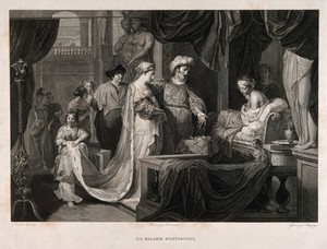 view Erasistratus, a physician, realising that the illness of Antiochus (son of Seleucus I) is lovesickness for his stepmother Stratonice, by observing that Antiochus's pulse rate rises when ever he sees her. Engraving by P. Baquoy after A. Desenne after G. de Lairesse.