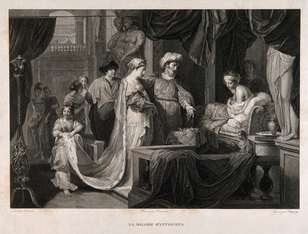 Erasistratus, a physician, realising that the illness of Antiochus (son of Seleucus I) is lovesickness for his stepmother Stratonice, by observing that Antiochus's pulse rate rises when ever he sees her. Engraving by P. Baquoy after A. Desenne after G. de Lairesse.