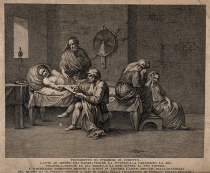 Eudamidas dictating his will on his deathbed, leaving the care of his mother and daughter to two friends. Engraving by F. Bartolozzi, 1765, after N. Poussin.