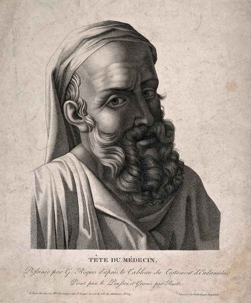 The head of male figure from 'Testament d'Eudamidas'. Stipple print by L. Ruotte, the elder, after G. Roques after N. Poussin.