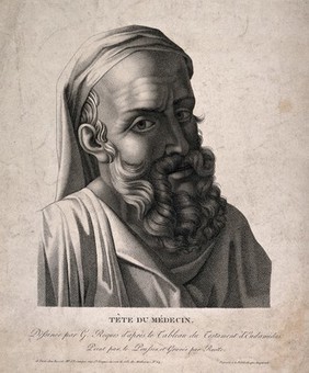 The head of a man attending at the death of Eudamidas. Stipple print by L. Ruotte after G. Roques, 1810, after N. Poussin.