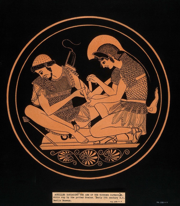 Achilles Bandaging Patroclus's Wounded Arm. Ink Drawing After An Attic ...