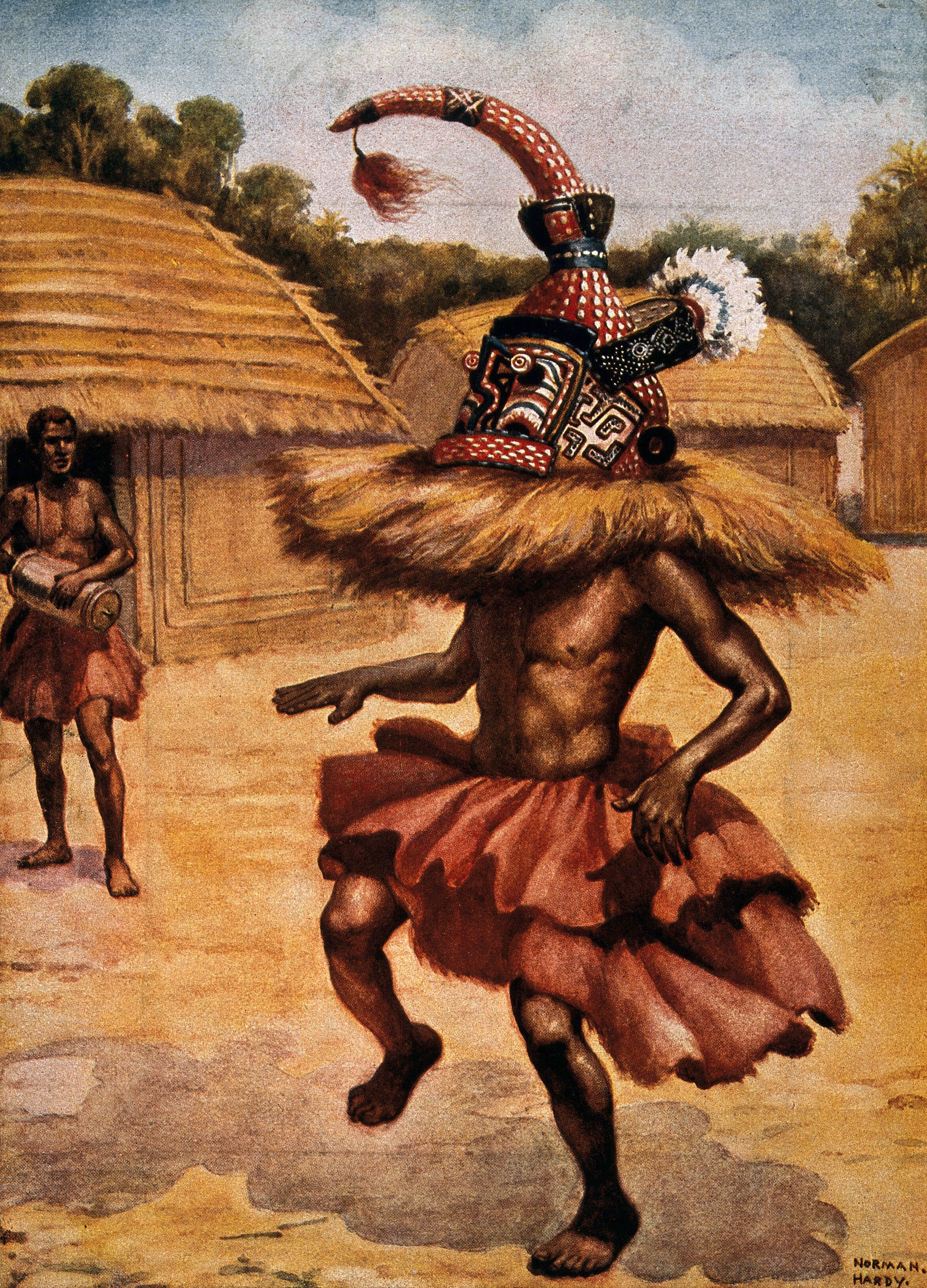 A shaman or medicine man from the Lower Congo. Colour process print after N.H. Hardy. | Wellcome