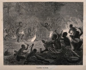 view African people of the Camma tribe dancing by the light of a fire. Wood engraving.