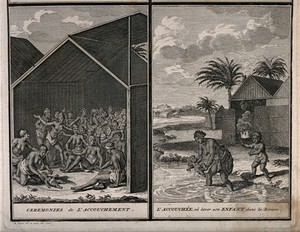 view (Left) a celebration of the birth of a child, (right) the child's first bath. Etching by B. Picart after himself, 1726.