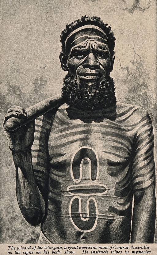 A shaman or medicine man with extensive body Worgaia, Central Australia. Process print.