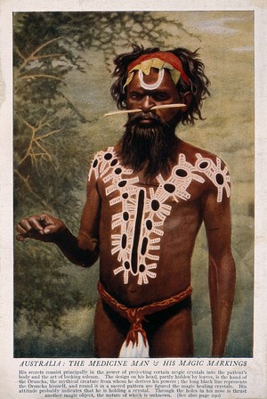 view A shaman or medicine man with extensive body painting and nose stick, Australia. Colour process print.