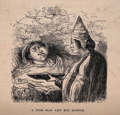 A Chinese (?) physician giving a sick patient a large bowl containing medicine (?). Wood engraving by G.M.