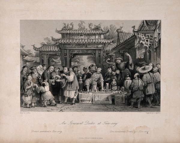 An itinerant medicine vendor selling his wares with the aid of assistants and snakes to a captivated audience, Tianjin, China. Engraving by P. Lightfoot, 1858, after T. Allom.