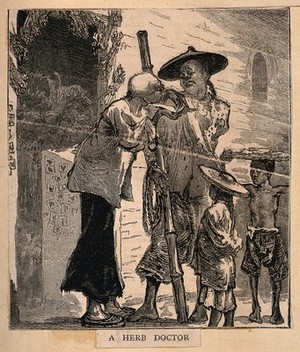 view A man with his two children consulting a herb doctor and negotiating a prescription. Wood engraving.