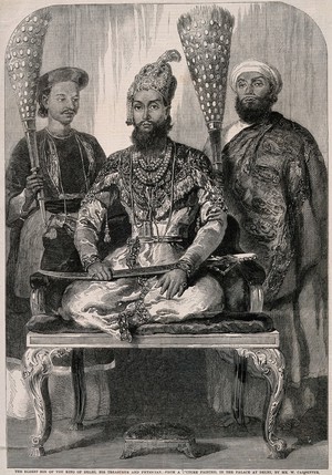 view The eldest son of the King of Delhi accompanied by his physician and treasurer. Wood engraving after W. Carpenter.