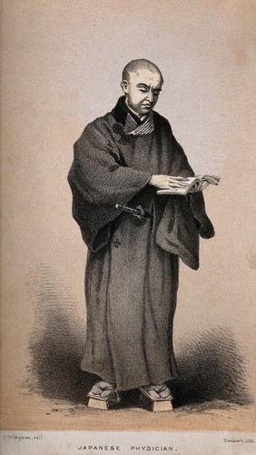 A Japanese physician reading a book. Lithograph by Hanhart after C. Wirgman.