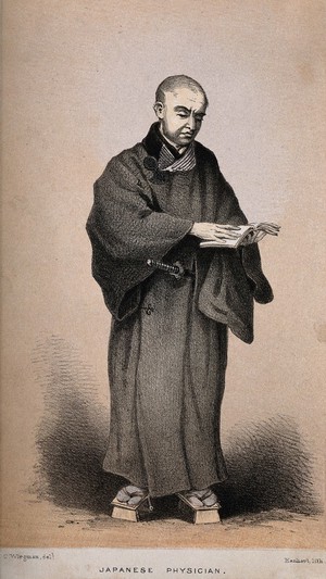 view A Japanese physician reading a book. Lithograph by Hanhart after C. Wirgman.