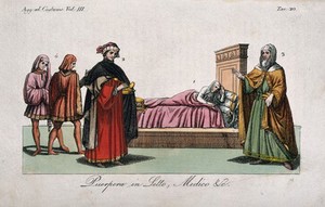 view A woman recovering from childbirth; a physician; and three people. Coloured engraving, 183-.