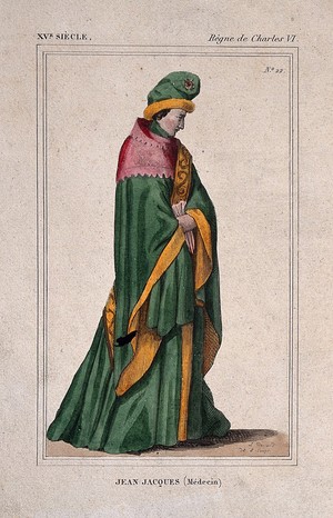 view Jean Jacques, a physician in traditional costume, 16--. Coloured engraving by L. Massard after himself.