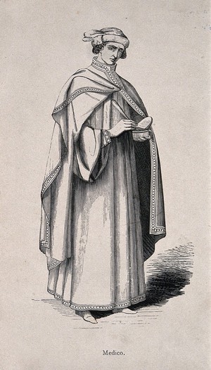 view A physician in traditional costume, Italy. Wood engraving.