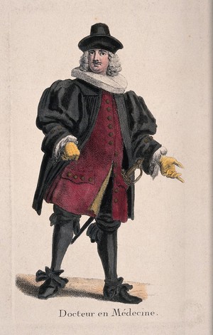 view A physician in traditional costume with sword, France 17--. Coloured engraving.