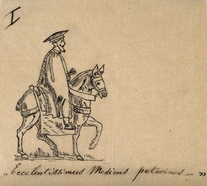 view A physician in traditional costume on horseback. Ink drawing.