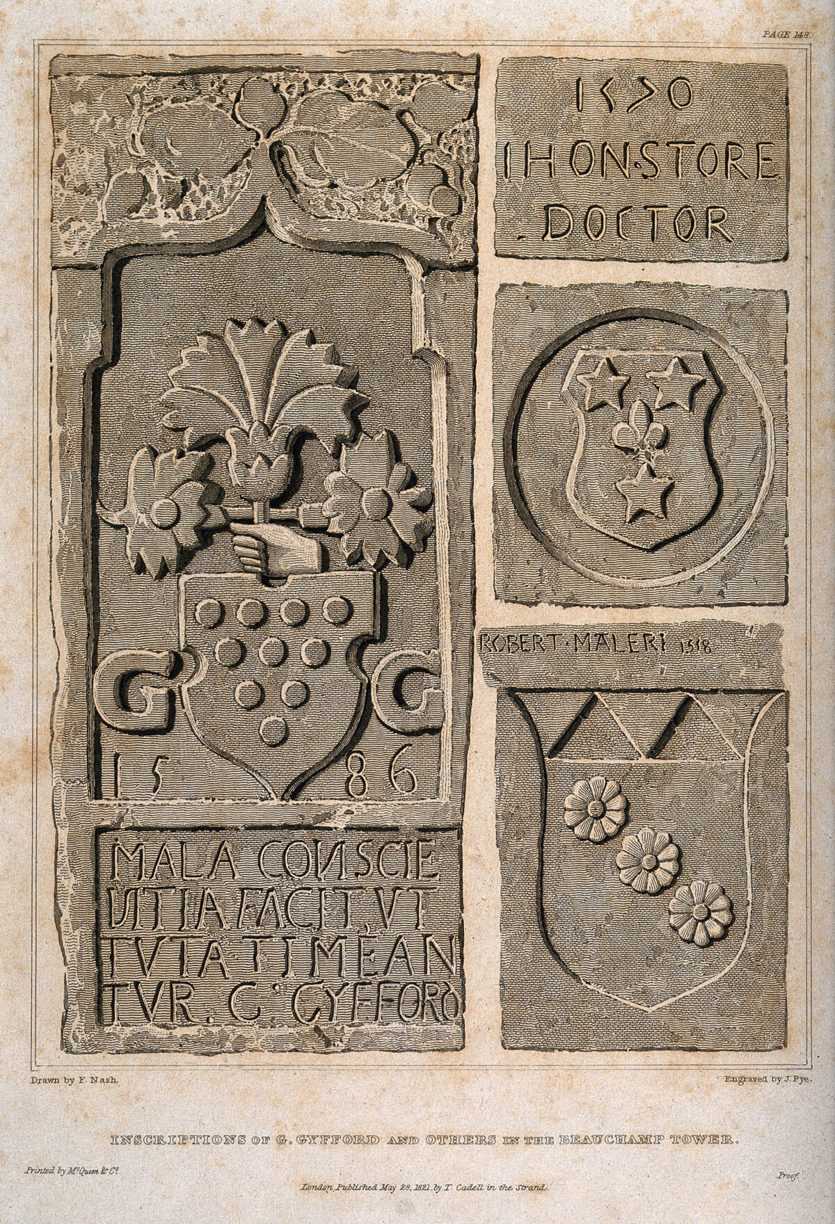Crests and coats-of-arms of several doctors from a bas-relief in the Beauchamp tower. Etching by J. Pye the younger, 1821, after F. Nash., 28 May 1821, by Frederick Nash
