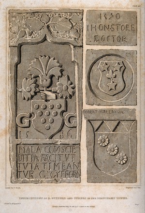 view Crests and coats-of-arms of several doctors from a bas-relief in the Beauchamp tower. Etching by J. Pye the younger, 1821, after F. Nash.