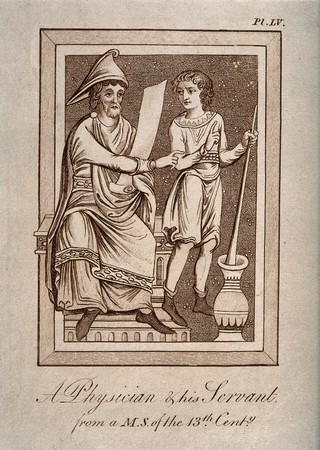 A physician reading a recipe instructs his assistant who is mixing with a pestle and mortar. Engraving after a twelfth century manuscript.