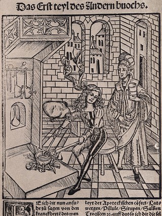A physician in traditional costume holding an ointment jar is supervising an apprentice who is mixing a concoction in a pot over a fire, Germany 1500. Heliotype.
