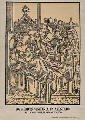 A physician and two assistants attending a plague patient. Lithographic reproduction of a woodcut.