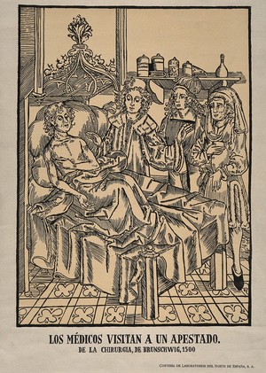 view A physician and two assistants attending a plague patient. Lithographic reproduction of a woodcut.