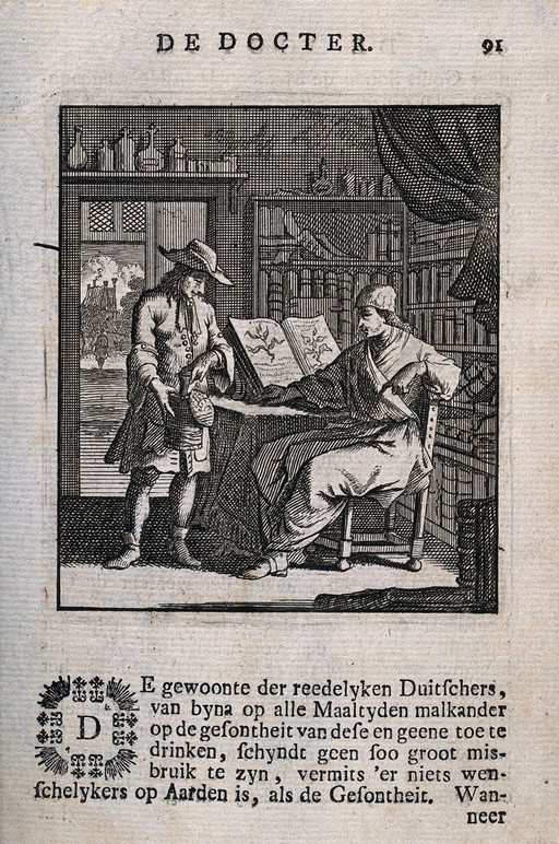 A physician talking to a patient about his illness, the patient is holding a basket containing a urine flask. Engraving.